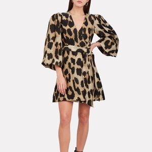 GANNI Leopard Silk-Linen Wrap Dress - Size 36